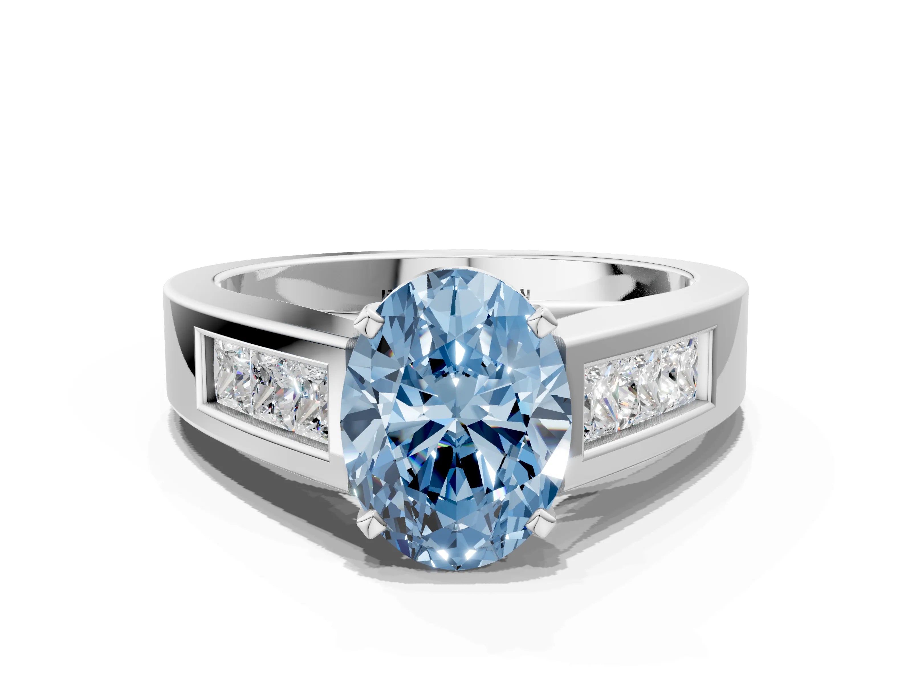 White gold Fancy Blue Oval Cut Cut Channel Set Solitaire Ring with Four-Prong Setting_12