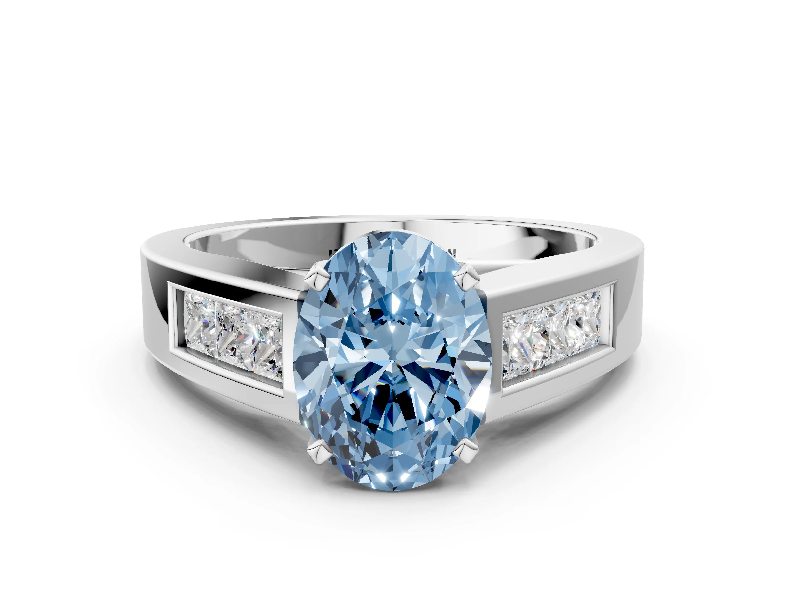 White gold Fancy Blue Oval Cut Cut Channel Set Solitaire Ring with Four-Prong Setting