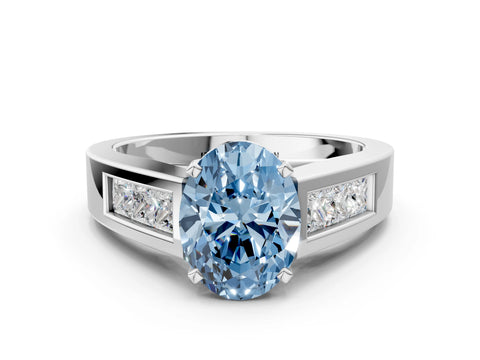 White gold Fancy Blue Oval Cut Cut Channel Set Solitaire Ring with Four-Prong Setting