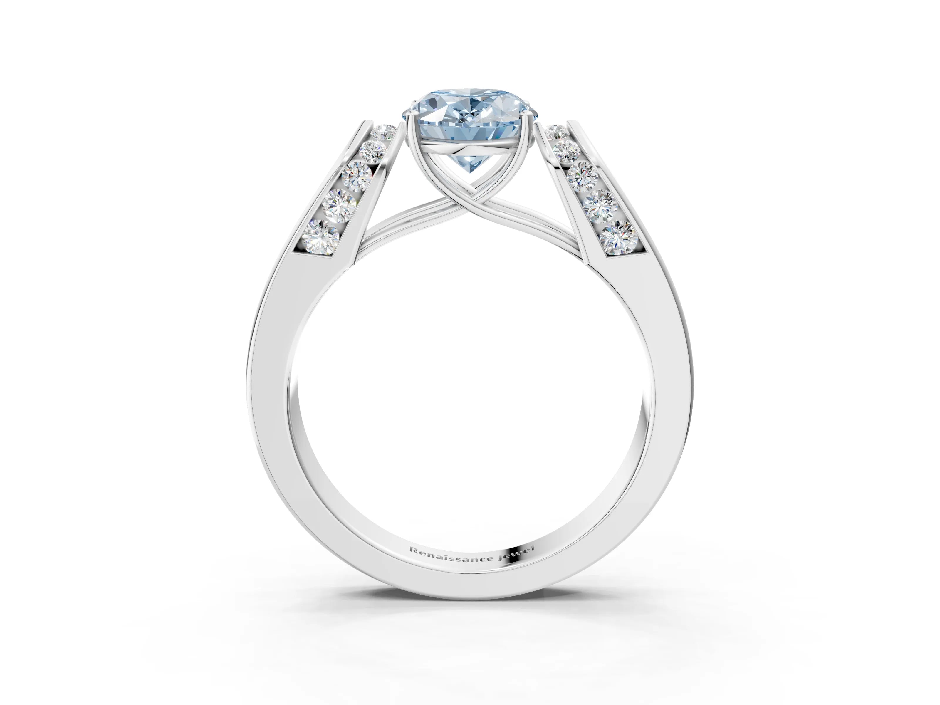 White gold Fancy Blue Oval Cut Cut Diamond Channel Set Solitaire Ring with Four-Prong Setting_3