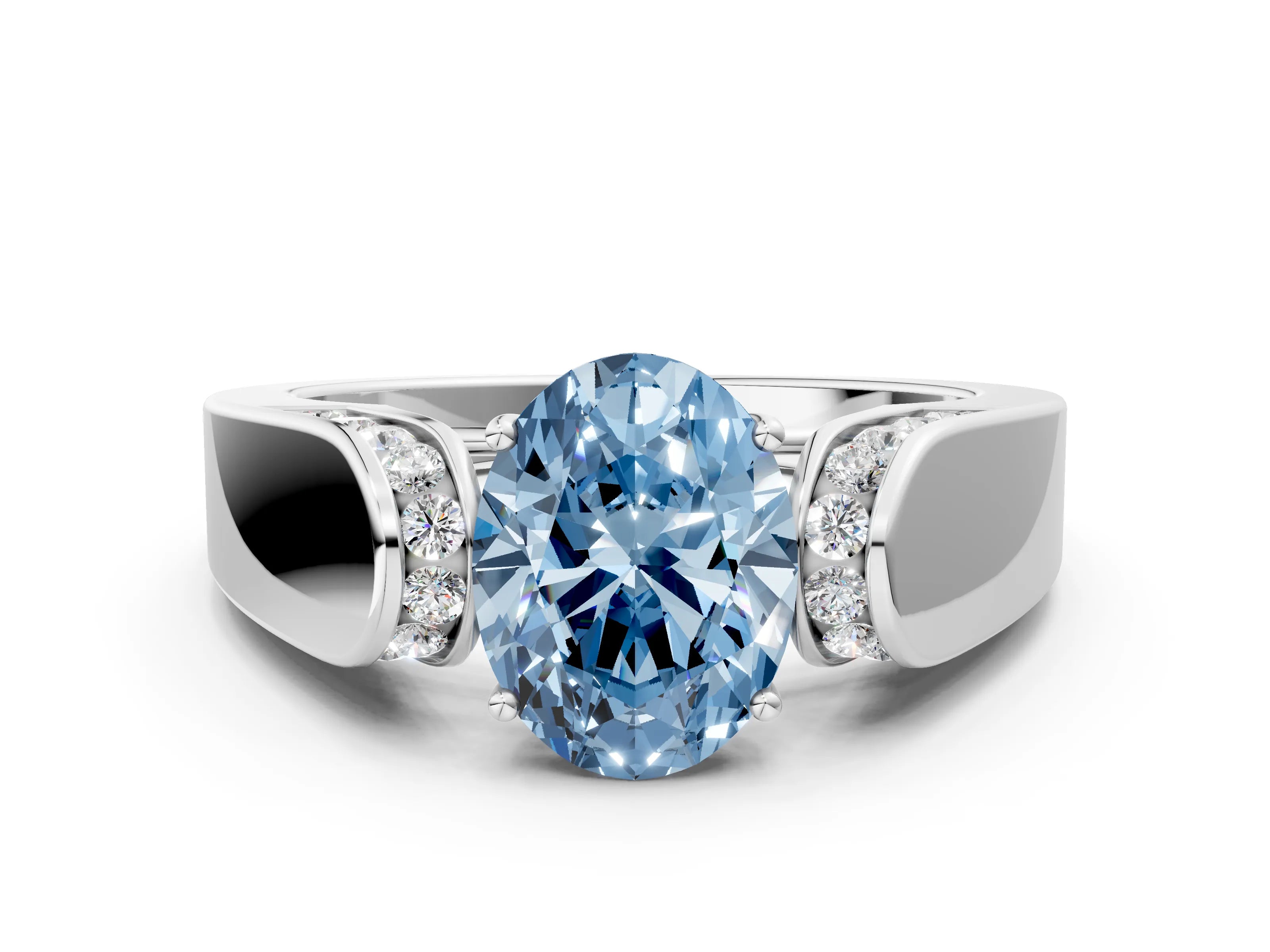 White gold Fancy Blue Oval Cut Cut Diamond Channel Set Solitaire Ring with Four-Prong Setting_90