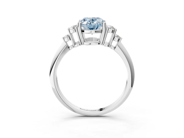 White gold Fancy Blue Oval Cut Cut Diamond Cluster Ring with Solitaire Band and Four-Prong Setting