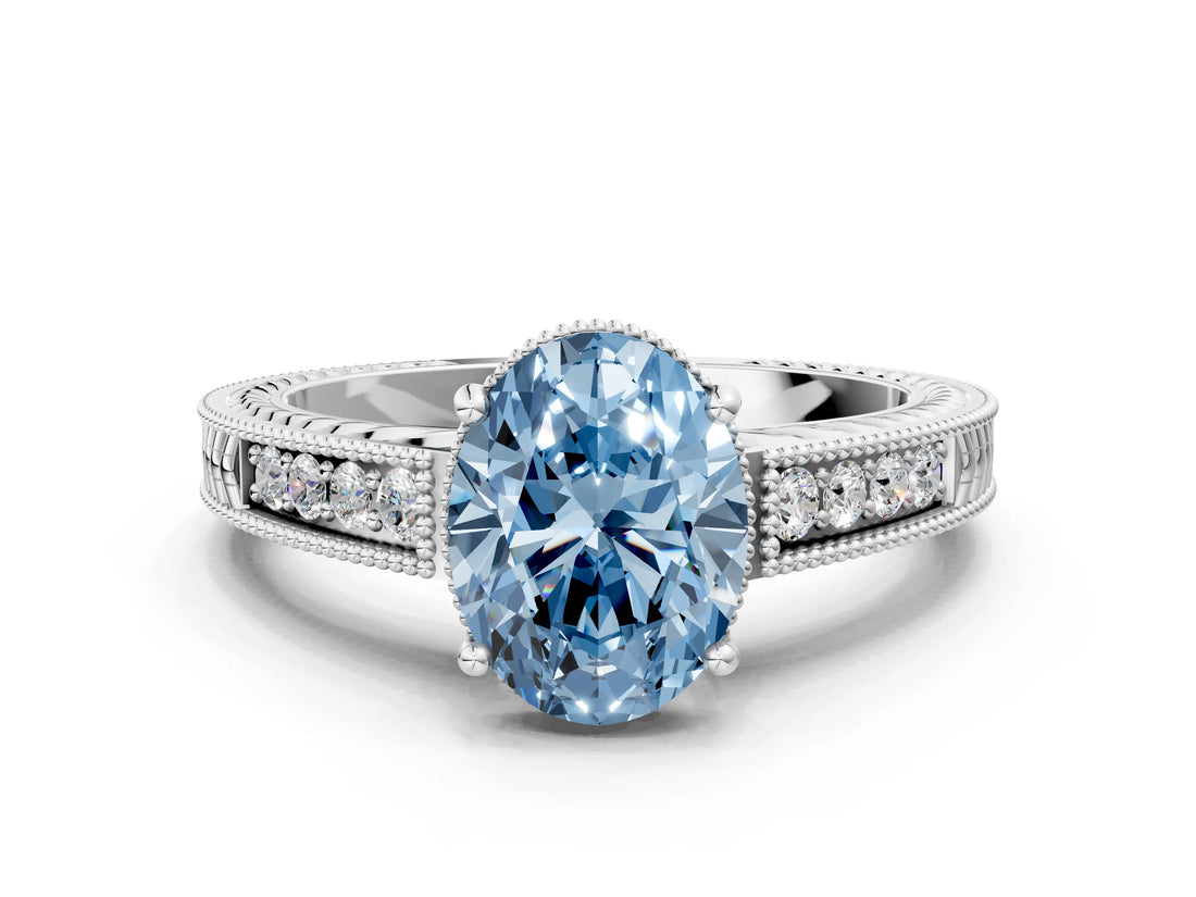 White gold Fancy Blue Oval Cut Cut Diamond Milgrain Pave Band Four-Prong Setting Ring_15