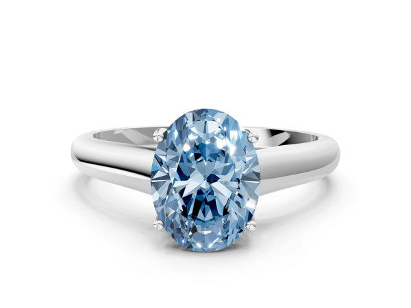 White Gold Oval Cathedral Solitaire Engagement Ring Setting for Fancy Blue Center with Wide Tapered Plain Band