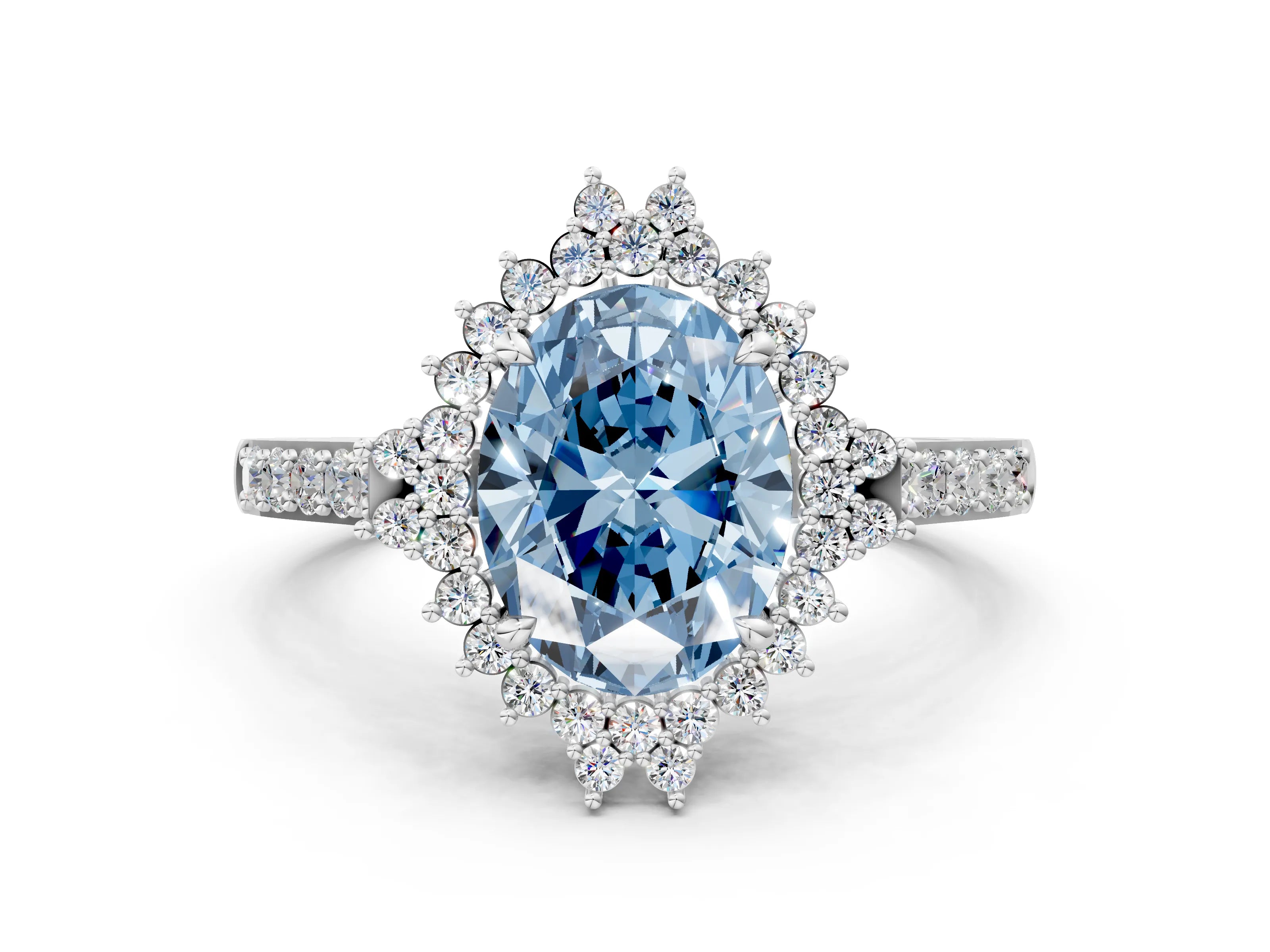 White gold Fancy Blue Oval Cut Cut Diamond Sunburst Halo Engagement Ring with Pavé Band_12
