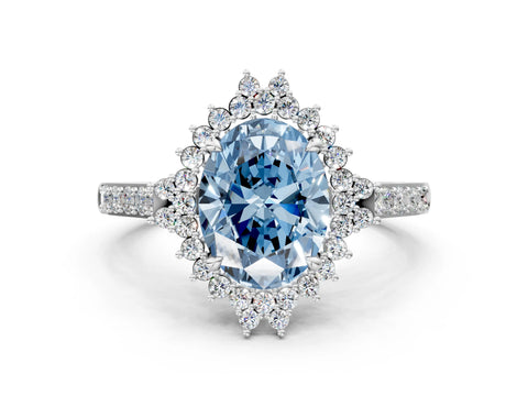 White gold Fancy Blue Oval Cut Cut Diamond Sunburst Halo Engagement Ring with Pavé Band_12