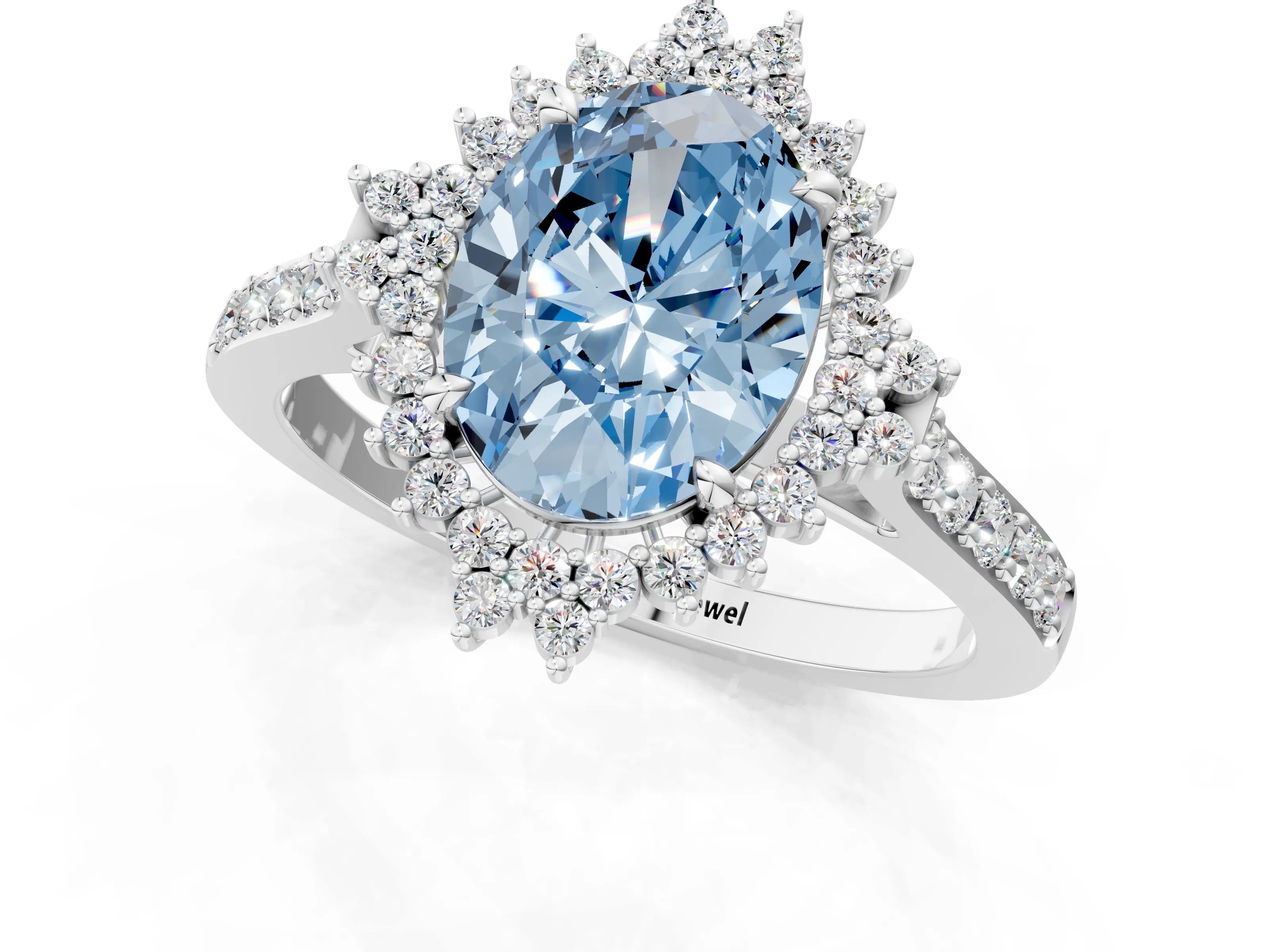 White gold Fancy Blue Oval Cut Cut Diamond Sunburst Halo Engagement Ring with Pavé Band_13