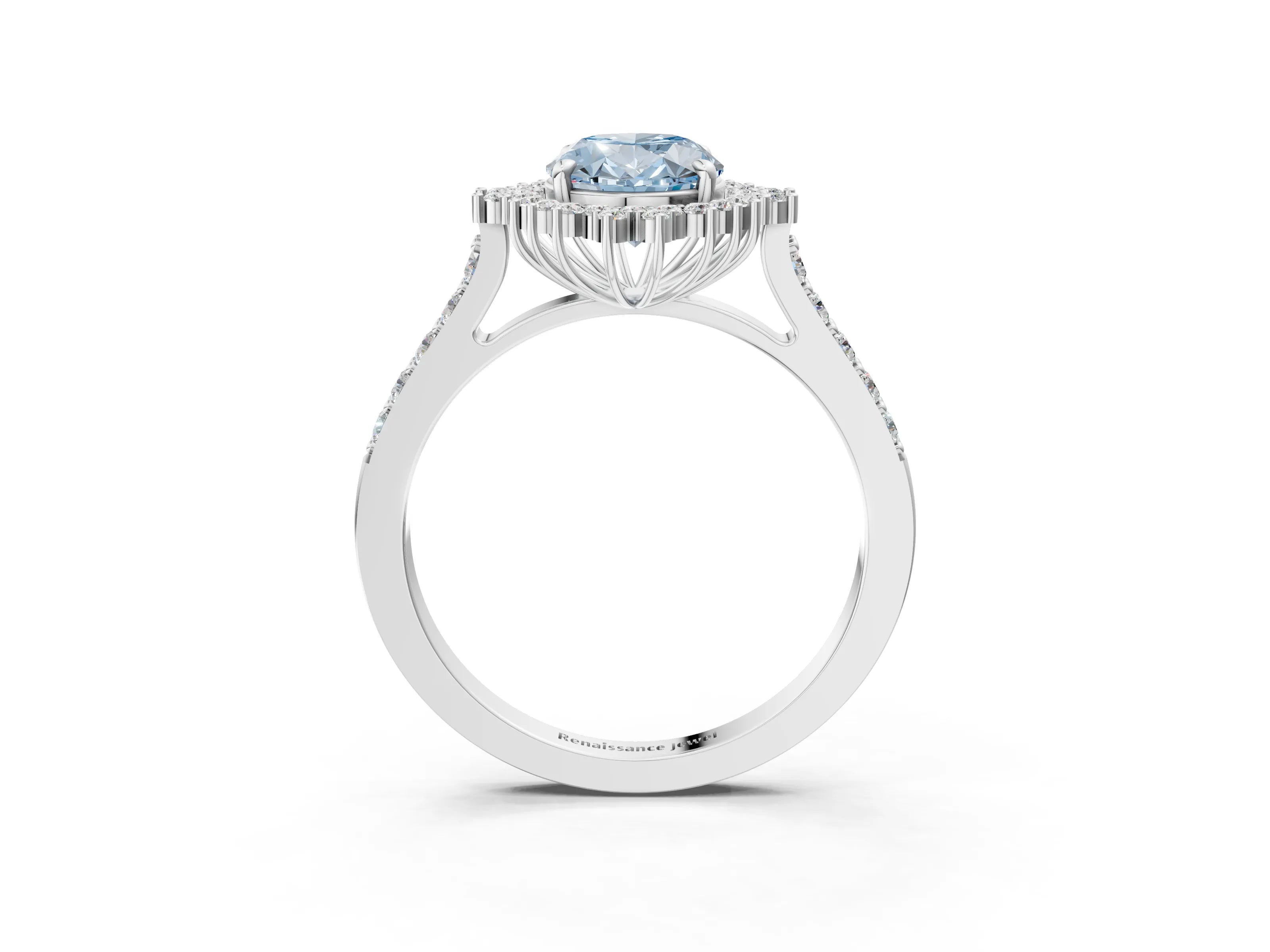 White gold Fancy Blue Oval Cut Cut Diamond Sunburst Halo Engagement Ring with Pavé Band_15