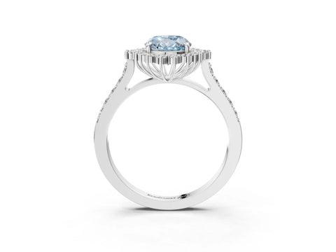 White gold Fancy Blue Oval Cut Cut Diamond Sunburst Halo Engagement Ring with Pavé Band_15