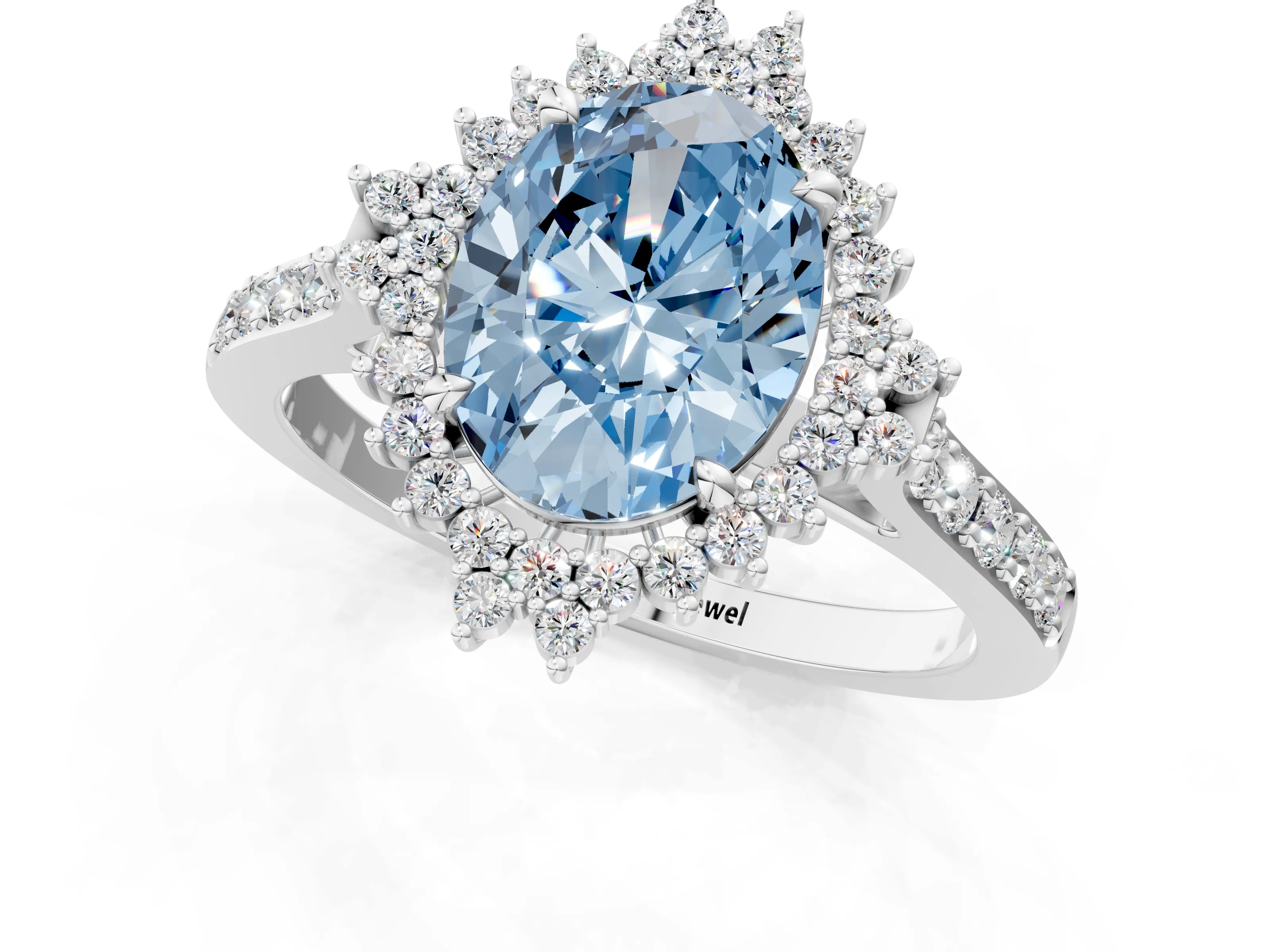 White gold Fancy Blue Oval Cut Cut Diamond Sunburst Halo Engagement Ring with Pavé Band_1