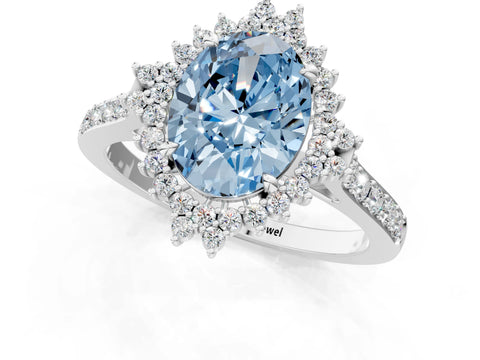 White gold Fancy Blue Oval Cut Cut Diamond Sunburst Halo Engagement Ring with Pavé Band_1