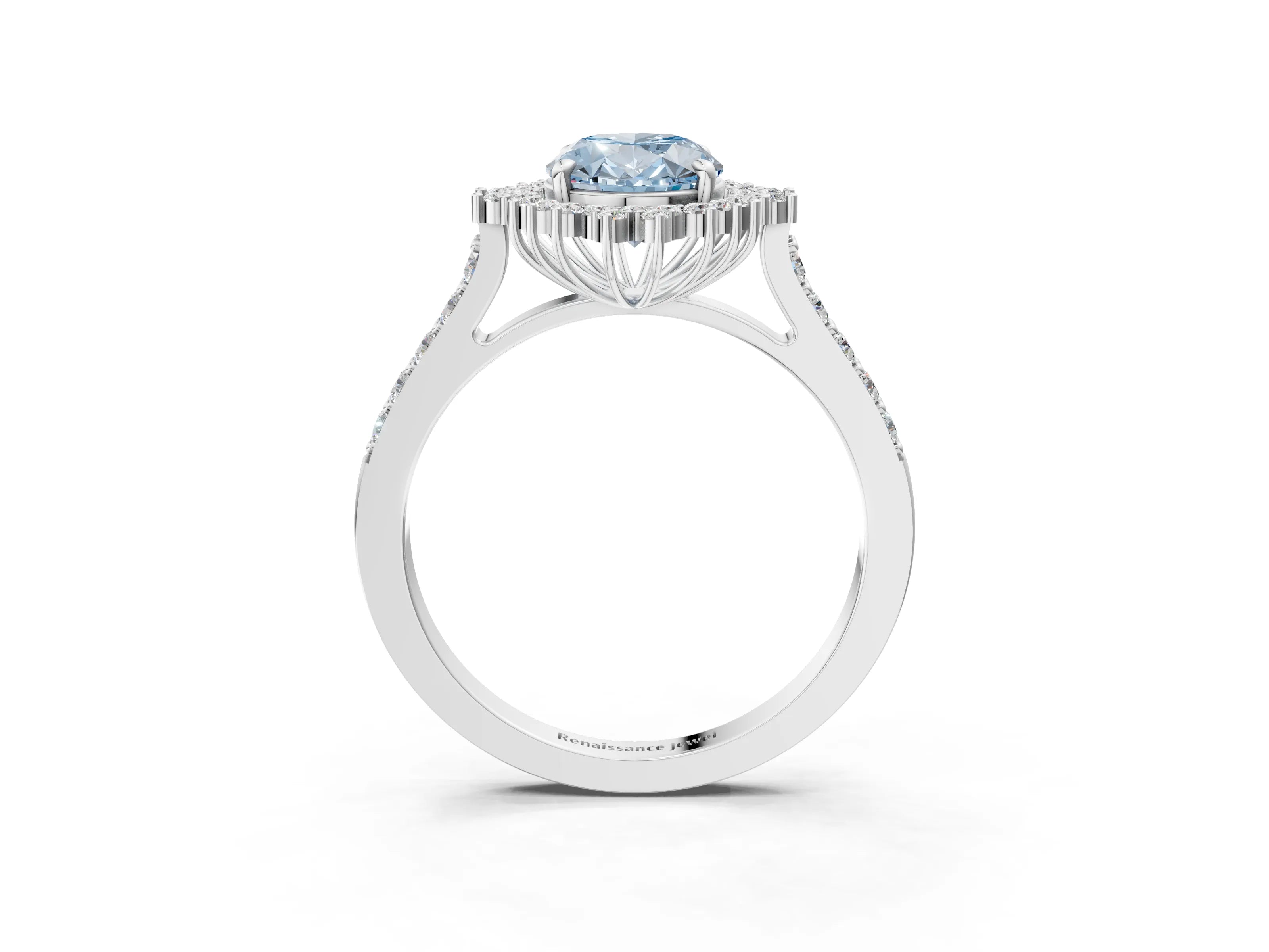 White gold Fancy Blue Oval Cut Cut Diamond Sunburst Halo Engagement Ring with Pavé Band_3