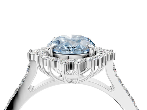 White gold Fancy Blue Oval Cut Cut Diamond Sunburst Halo Engagement Ring with Pavé Band_4