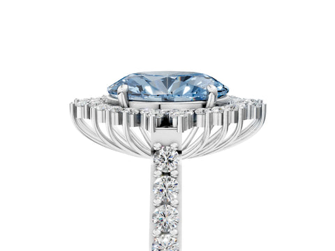 White gold Fancy Blue Oval Cut Cut Diamond Sunburst Halo Engagement Ring with Pavé Band_5