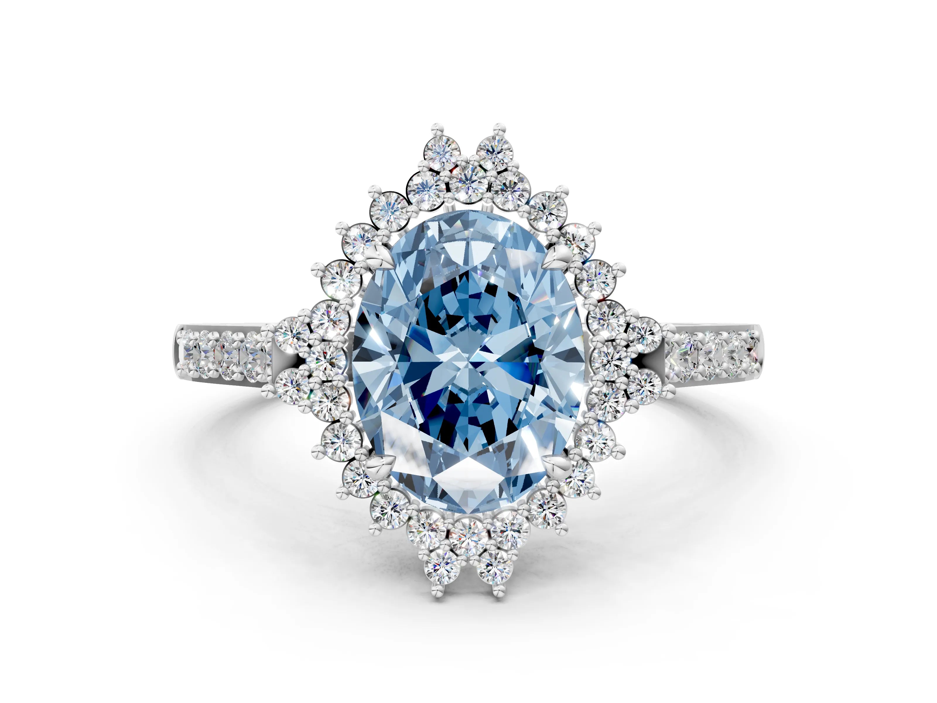 White gold Fancy Blue Oval Cut Cut Diamond Sunburst Halo Engagement Ring with Pavé Band