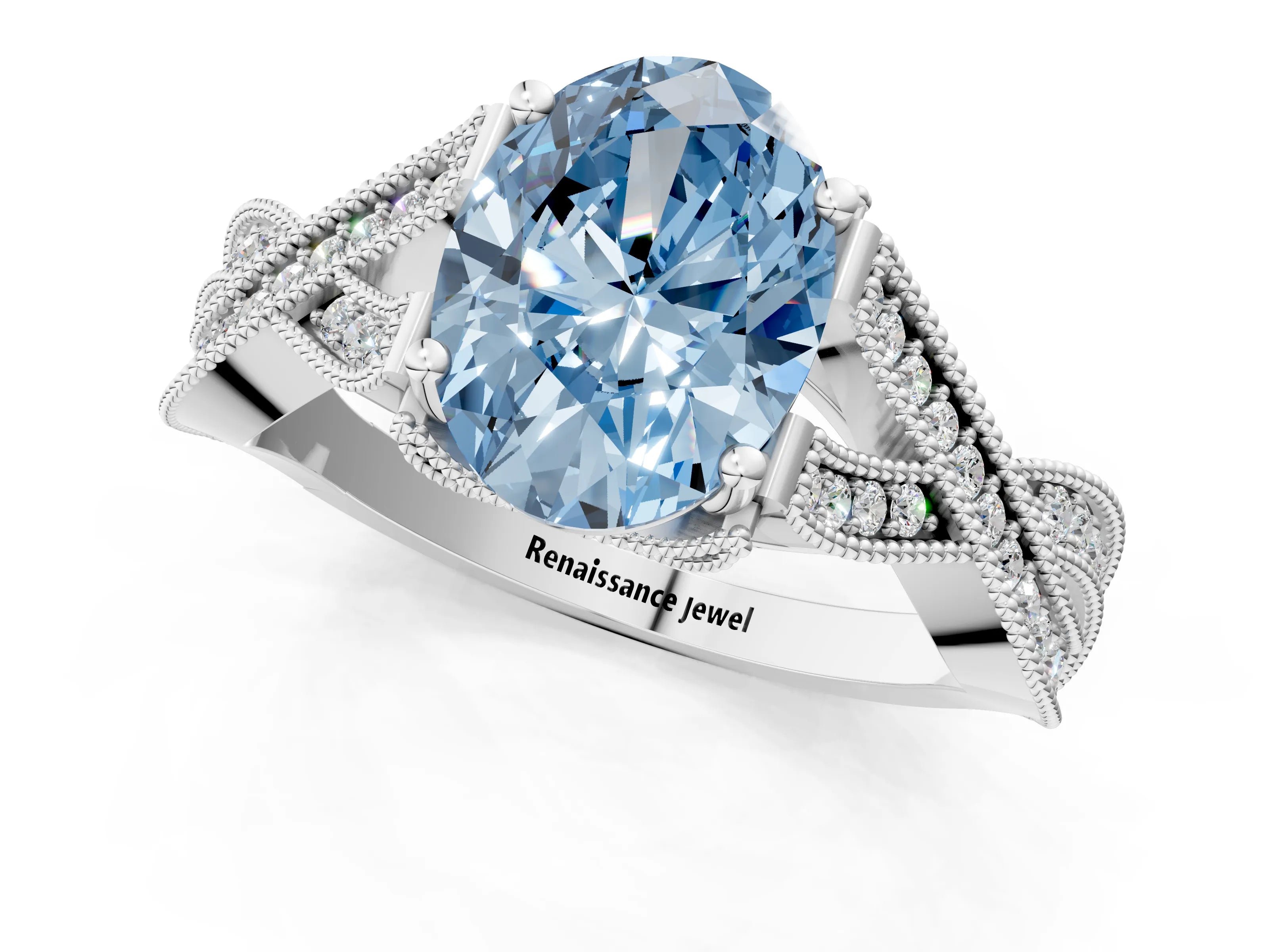 White gold Fancy Blue Oval Cut Cut Diamond Twisted Band with Milgrain Pave Setting and Four-Prong Setting_1