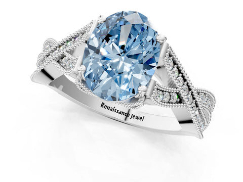 White gold Fancy Blue Oval Cut Cut Diamond Twisted Band with Milgrain Pave Setting and Four-Prong Setting_1
