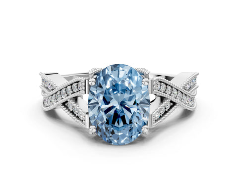 White gold Fancy Blue Oval Cut Cut Diamond Twisted Band with Milgrain Pave Setting and Four-Prong Setting