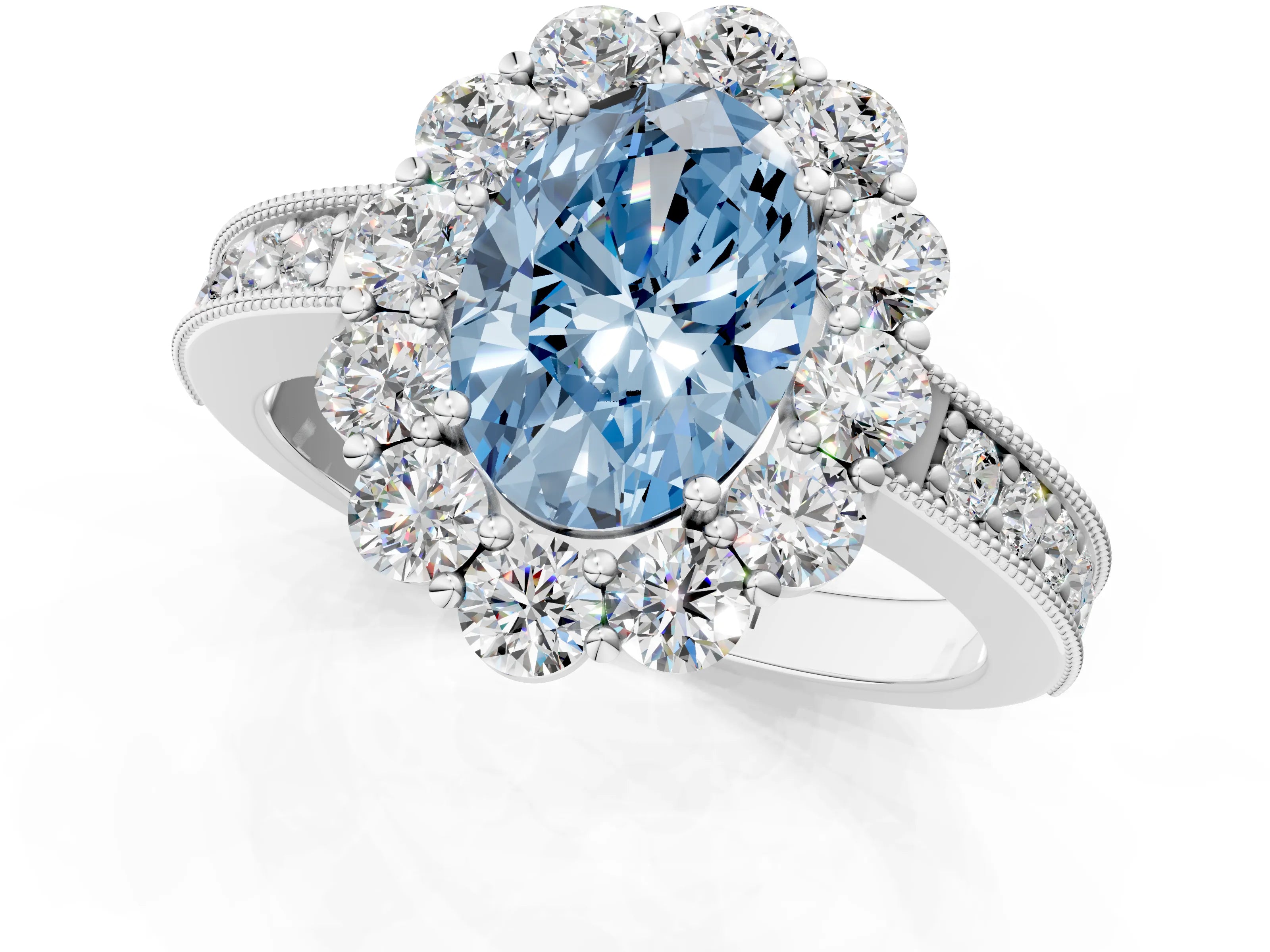 White gold Fancy Blue Oval Cut Cut Halo Diamond Pavé Engagement Ring with Milgrain Detailing_13