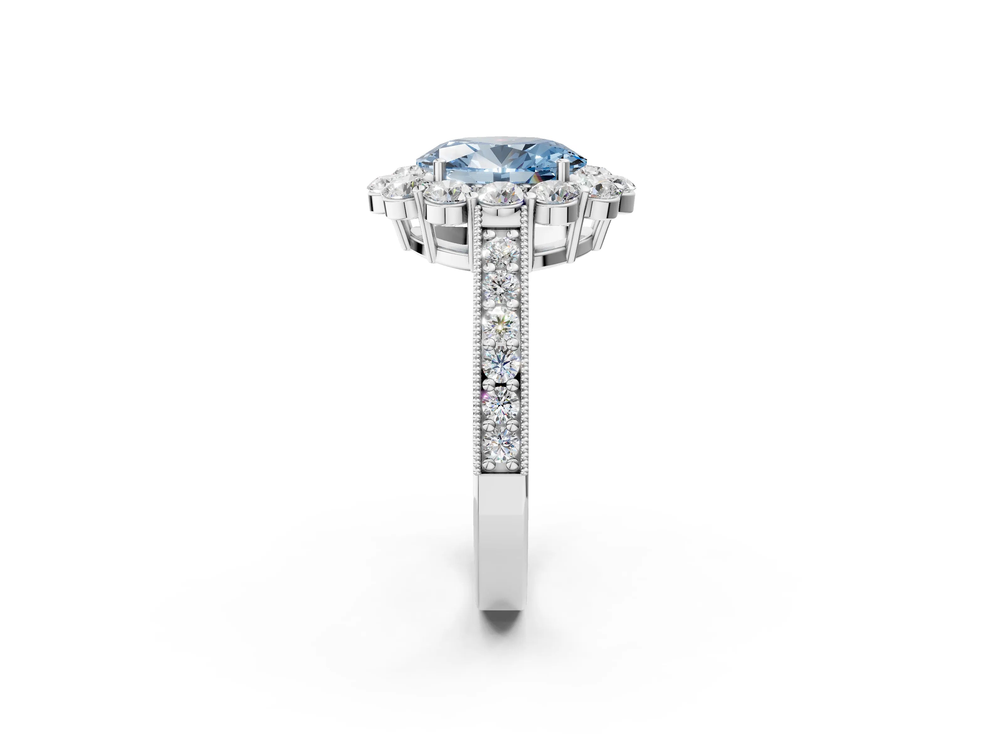 White gold Fancy Blue Oval Cut Cut Halo Diamond Pavé Engagement Ring with Milgrain Detailing_14