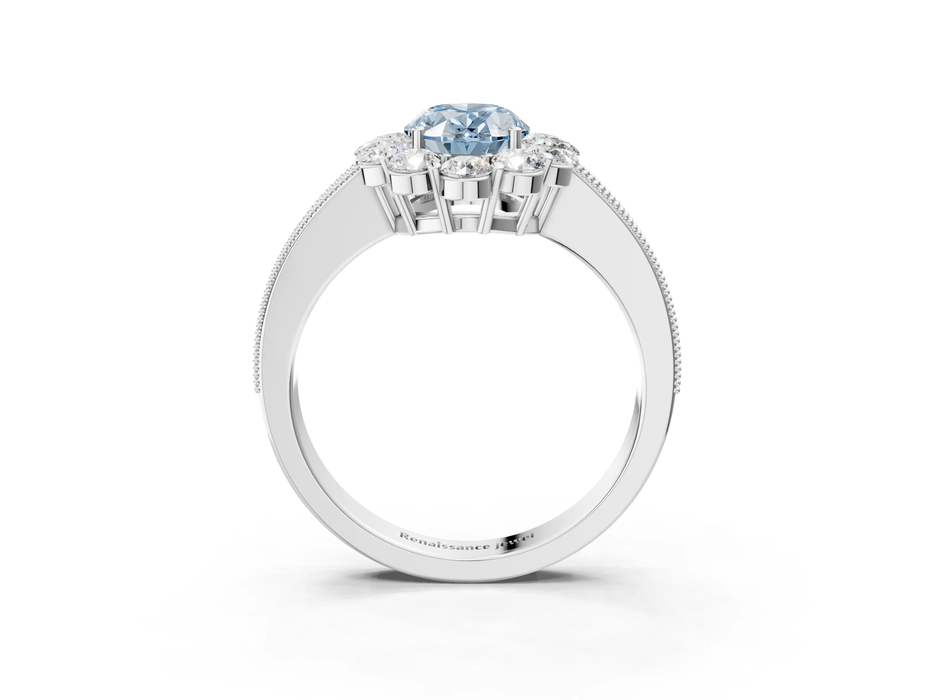 White gold Fancy Blue Oval Cut Cut Halo Diamond Pavé Engagement Ring with Milgrain Detailing_15