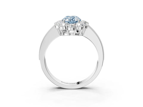 White gold Fancy Blue Oval Cut Cut Halo Diamond Pavé Engagement Ring with Milgrain Detailing_15
