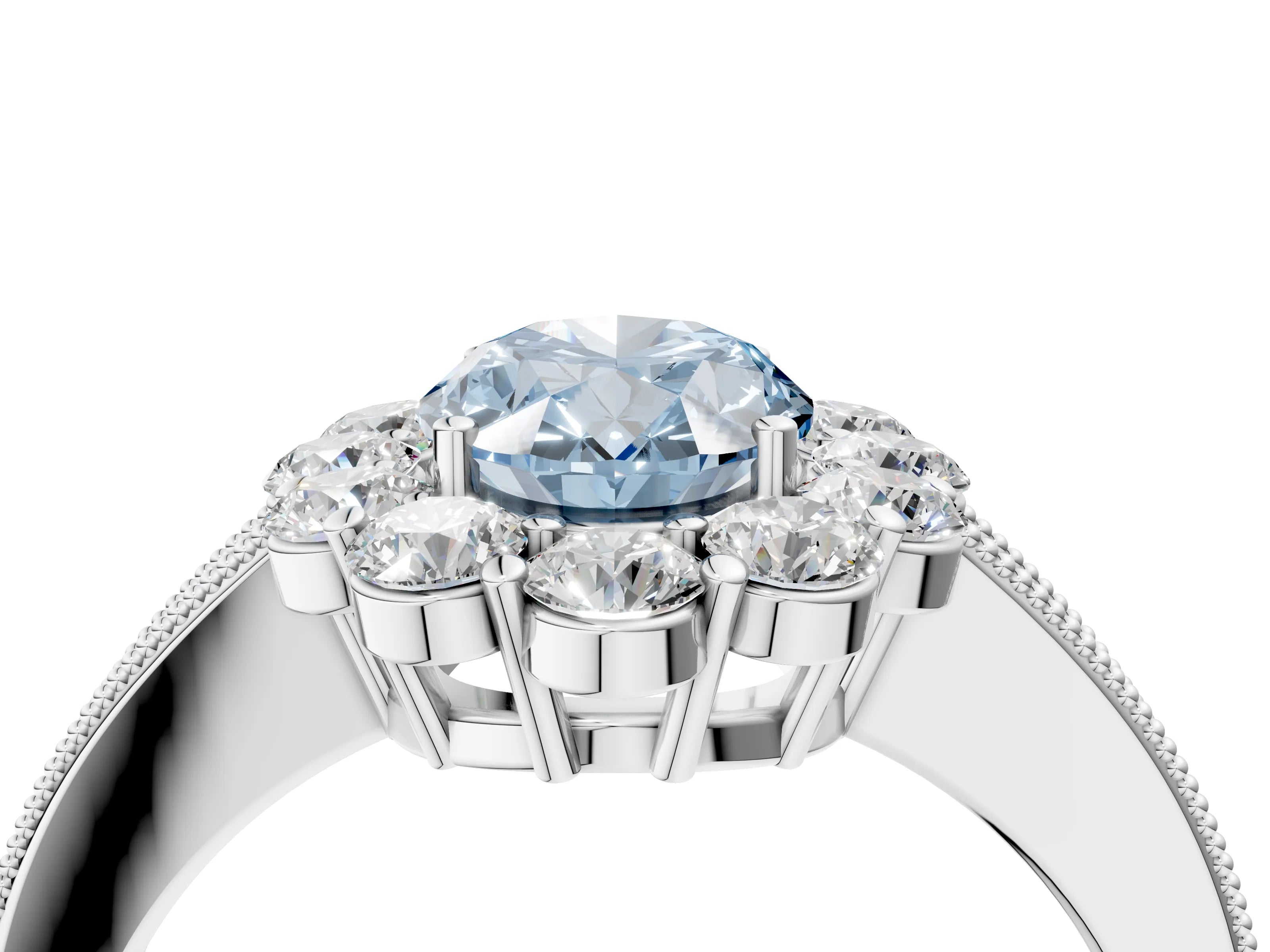 White gold Fancy Blue Oval Cut Cut Halo Diamond Pavé Engagement Ring with Milgrain Detailing_16