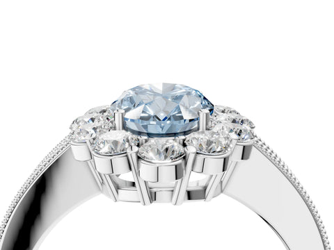 White gold Fancy Blue Oval Cut Cut Halo Diamond Pavé Engagement Ring with Milgrain Detailing_16