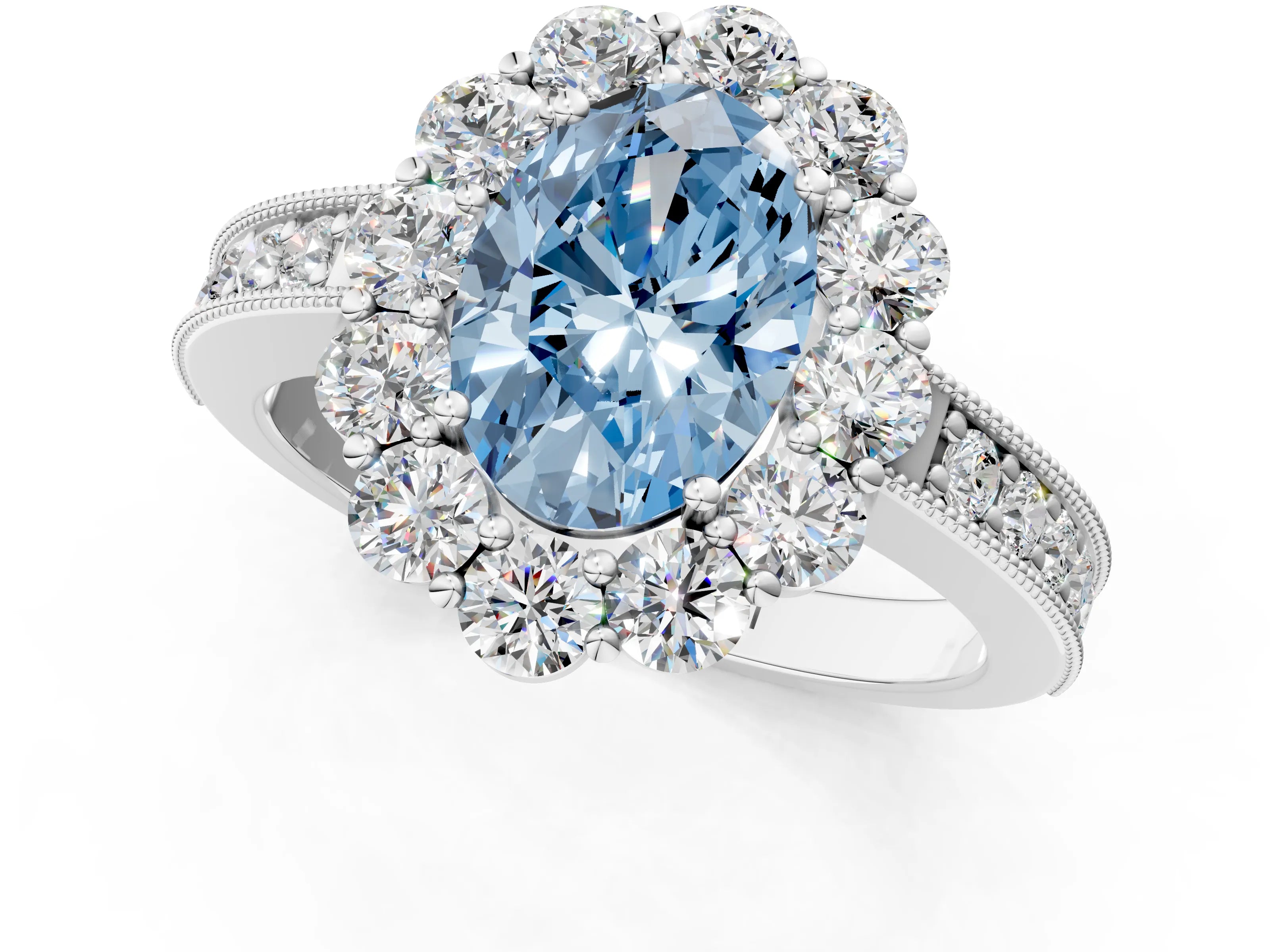 White gold Fancy Blue Oval Cut Cut Halo Diamond Pavé Engagement Ring with Milgrain Detailing_1