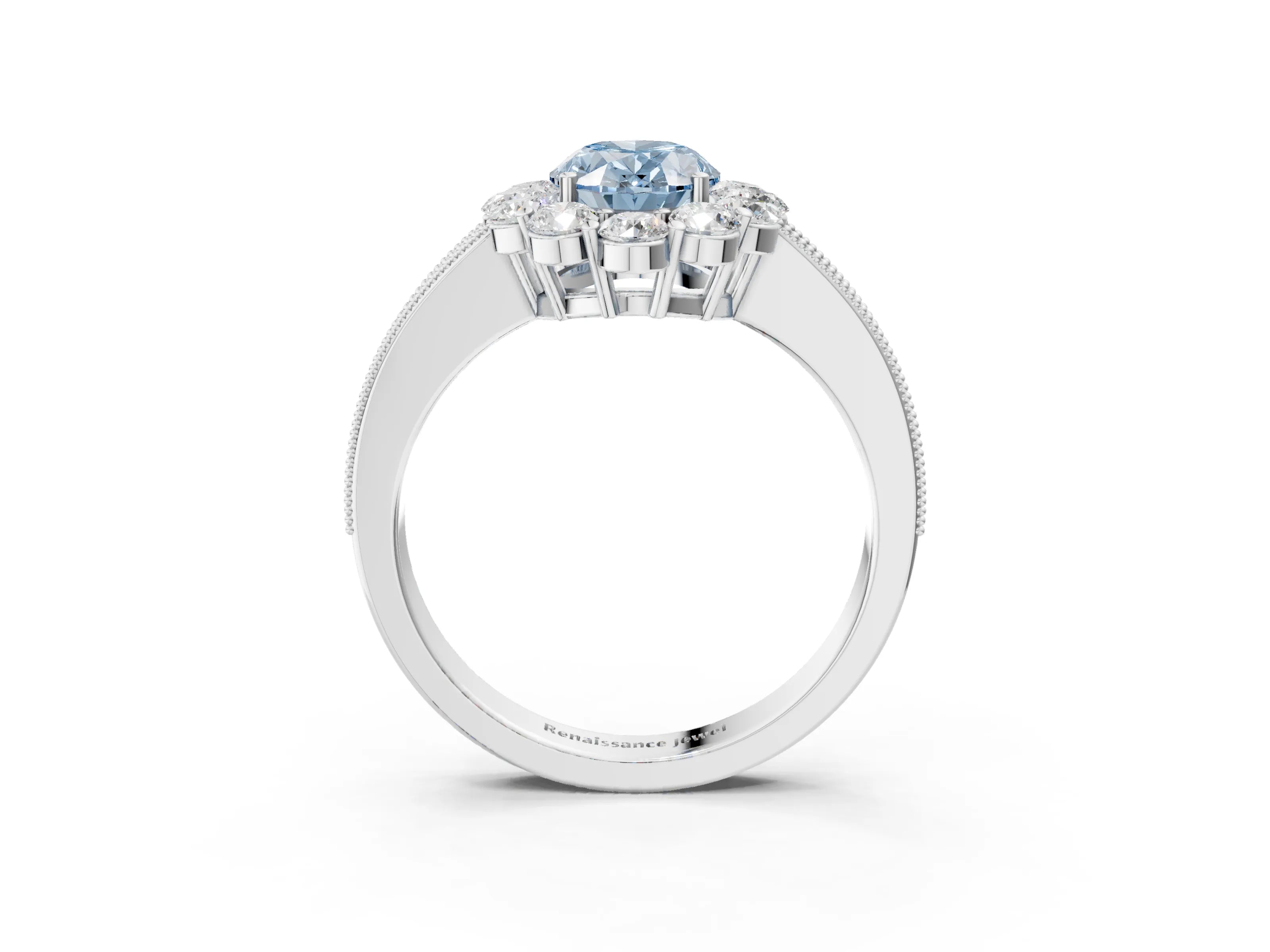 White gold Fancy Blue Oval Cut Cut Halo Diamond Pavé Engagement Ring with Milgrain Detailing_3