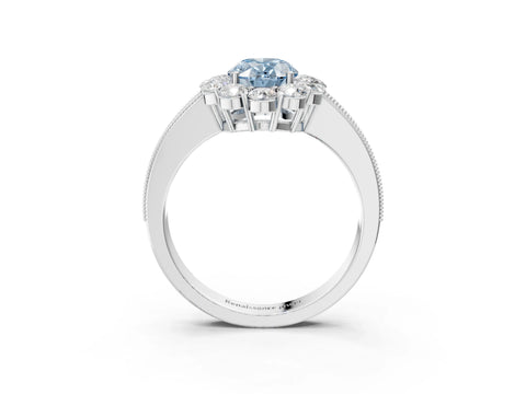 White gold Fancy Blue Oval Cut Cut Halo Diamond Pavé Engagement Ring with Milgrain Detailing_3