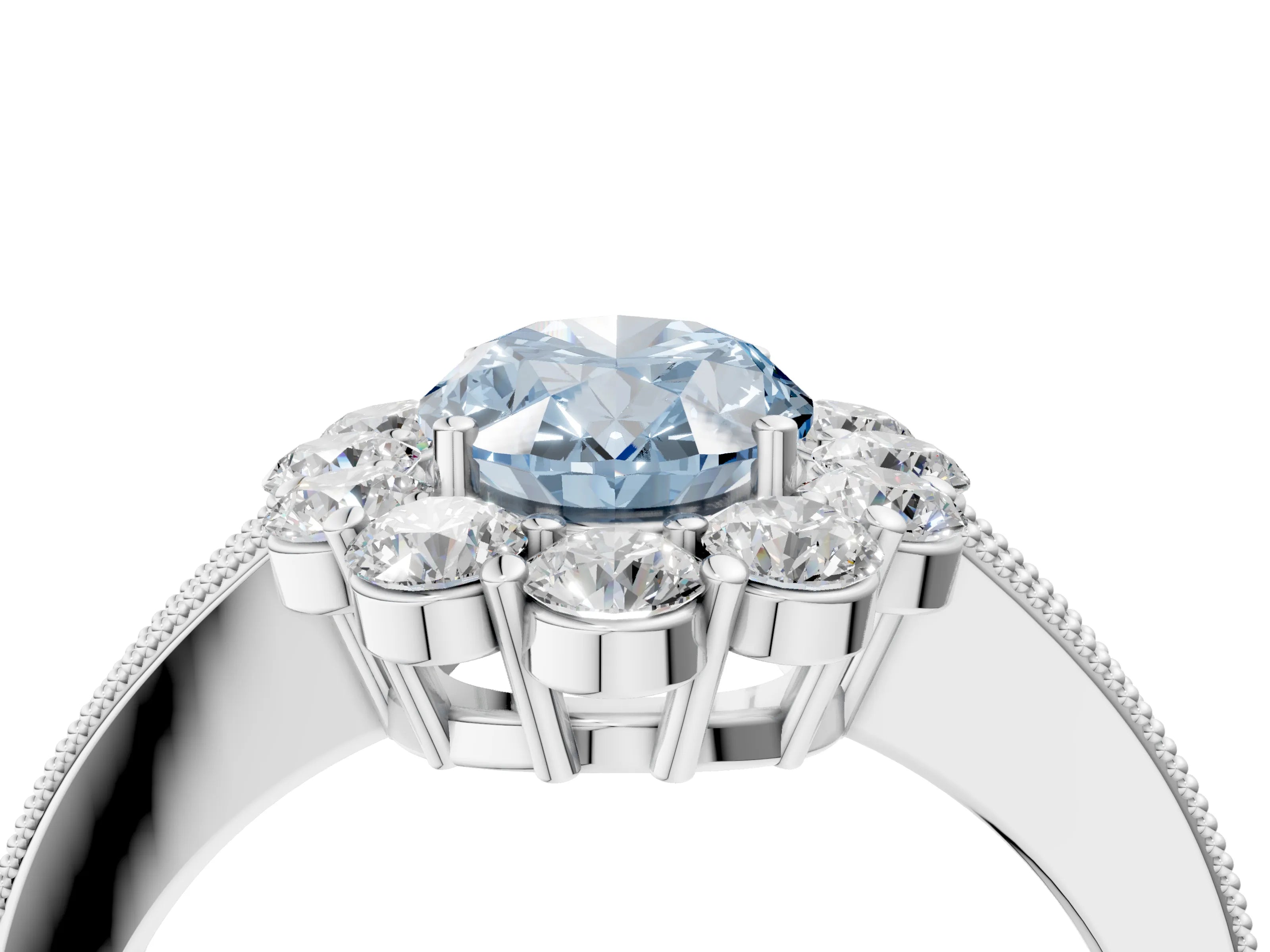 White gold Fancy Blue Oval Cut Cut Halo Diamond Pavé Engagement Ring with Milgrain Detailing_4
