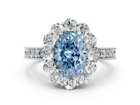 White gold Fancy Blue Oval Cut Cut Halo Diamond Pavé Engagement Ring with Milgrain Detailing