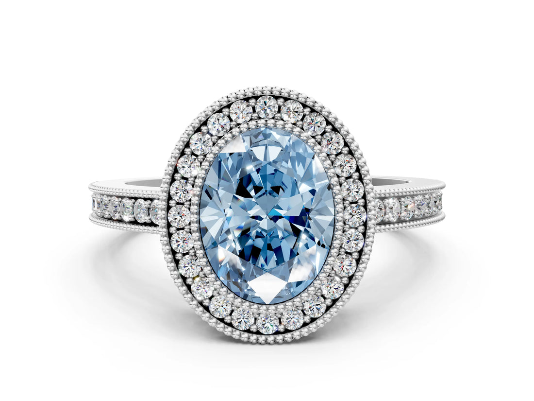 White gold Fancy Blue Oval Cut Cut Halo Pavé Diamond Ring