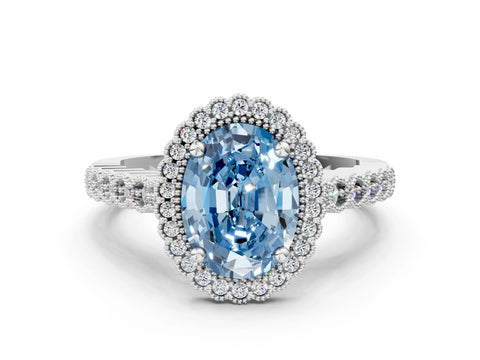 White gold Fancy Blue Oval Cut Cut Halo Pavé Solitaire Ring with Milgrain Band_12