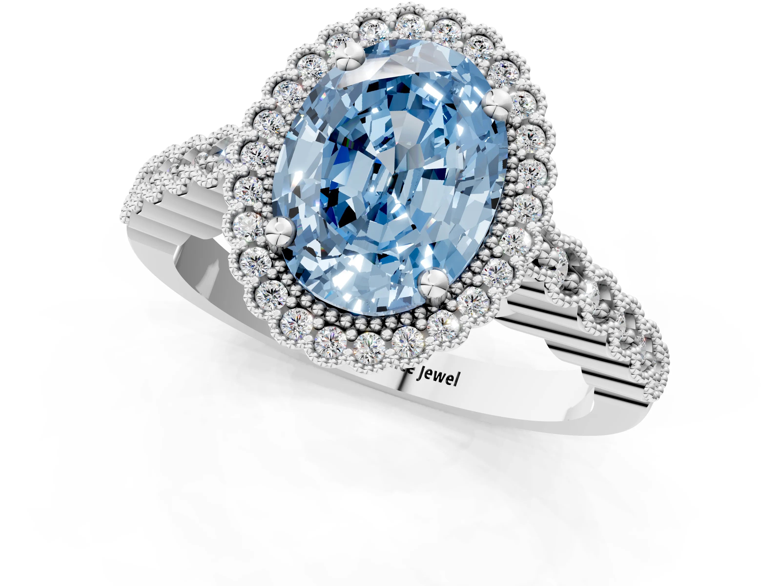 White gold Fancy Blue Oval Cut Cut Halo Pavé Solitaire Ring with Milgrain Band_13