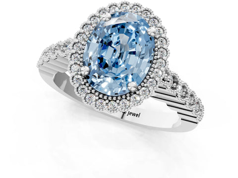 White gold Fancy Blue Oval Cut Cut Halo Pavé Solitaire Ring with Milgrain Band_13