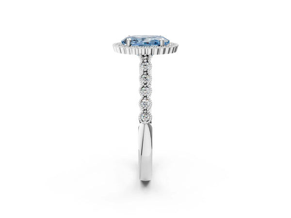 Platinum Fancy Blue Oval Cut Cut Halo Pavé Solitaire Ring with Milgrain Band