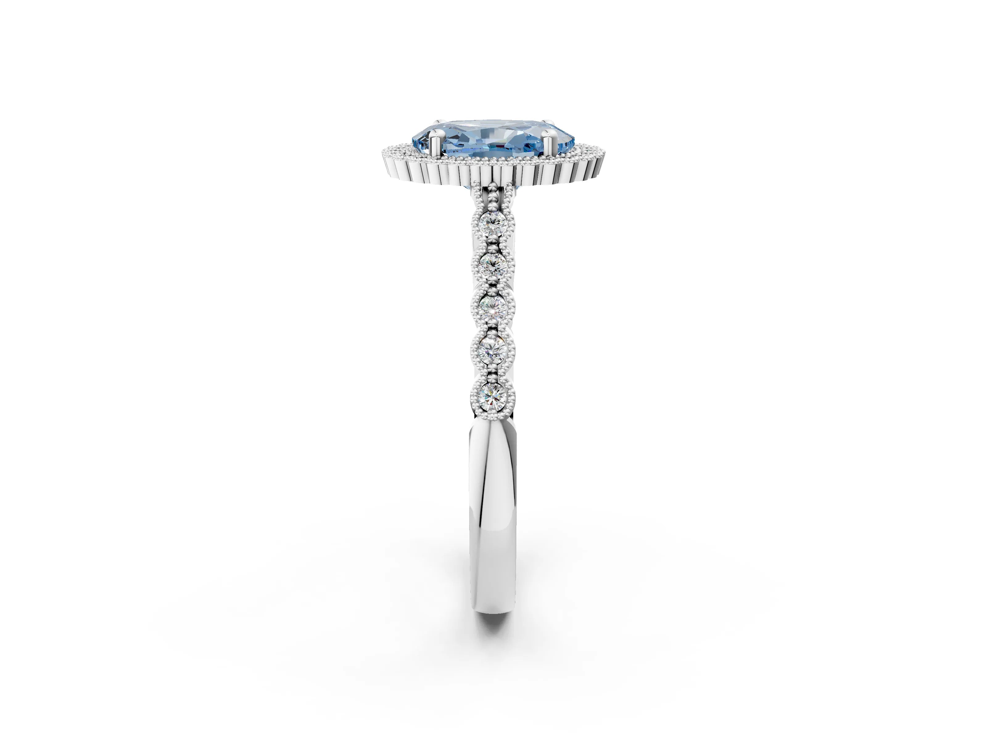 White gold Fancy Blue Oval Cut Cut Halo Pavé Solitaire Ring with Milgrain Band_14