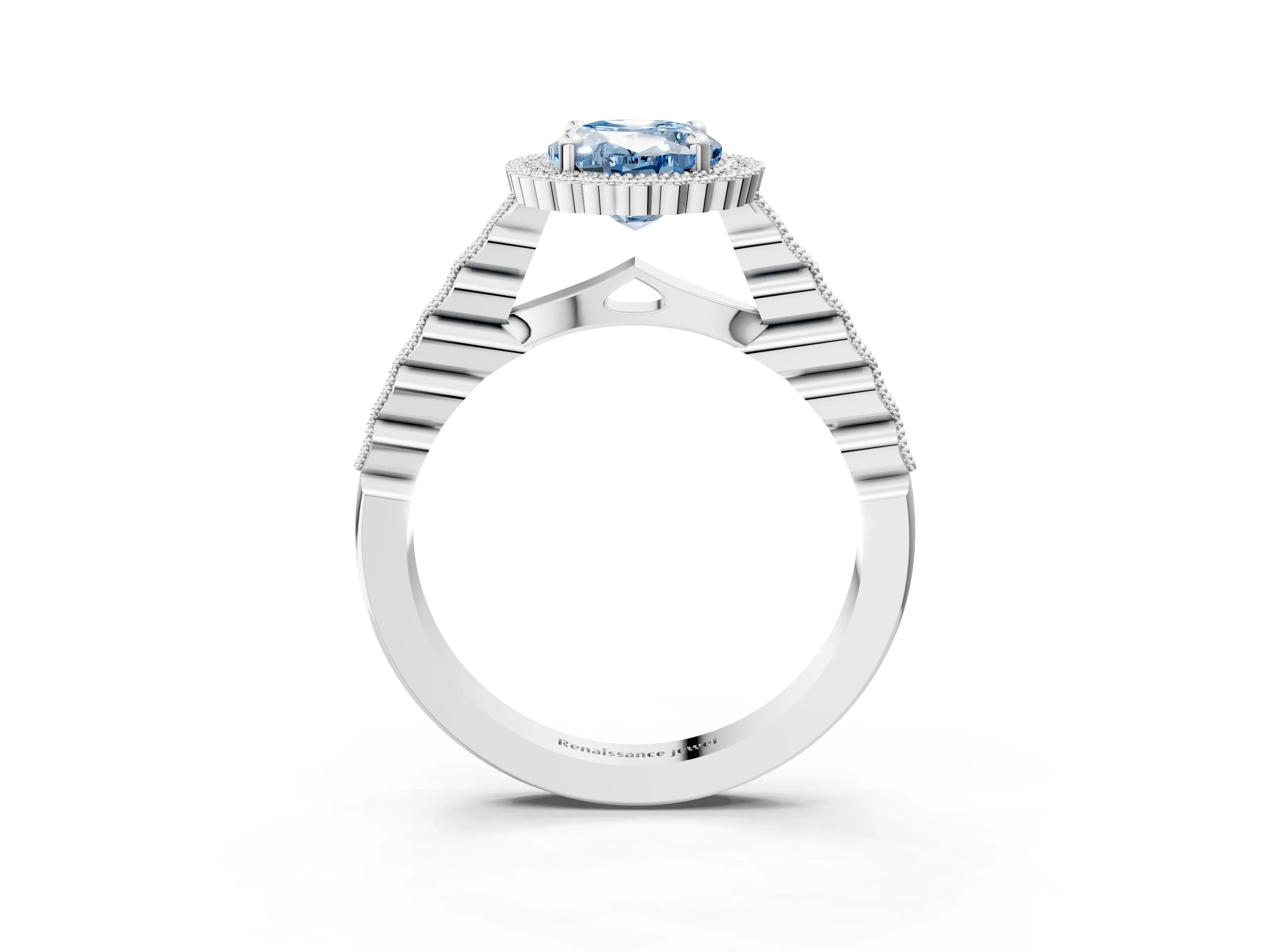 White gold Fancy Blue Oval Cut Cut Halo Pavé Solitaire Ring with Milgrain Band_15