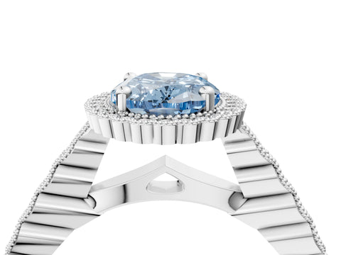 White gold Fancy Blue Oval Cut Cut Halo Pavé Solitaire Ring with Milgrain Band_16