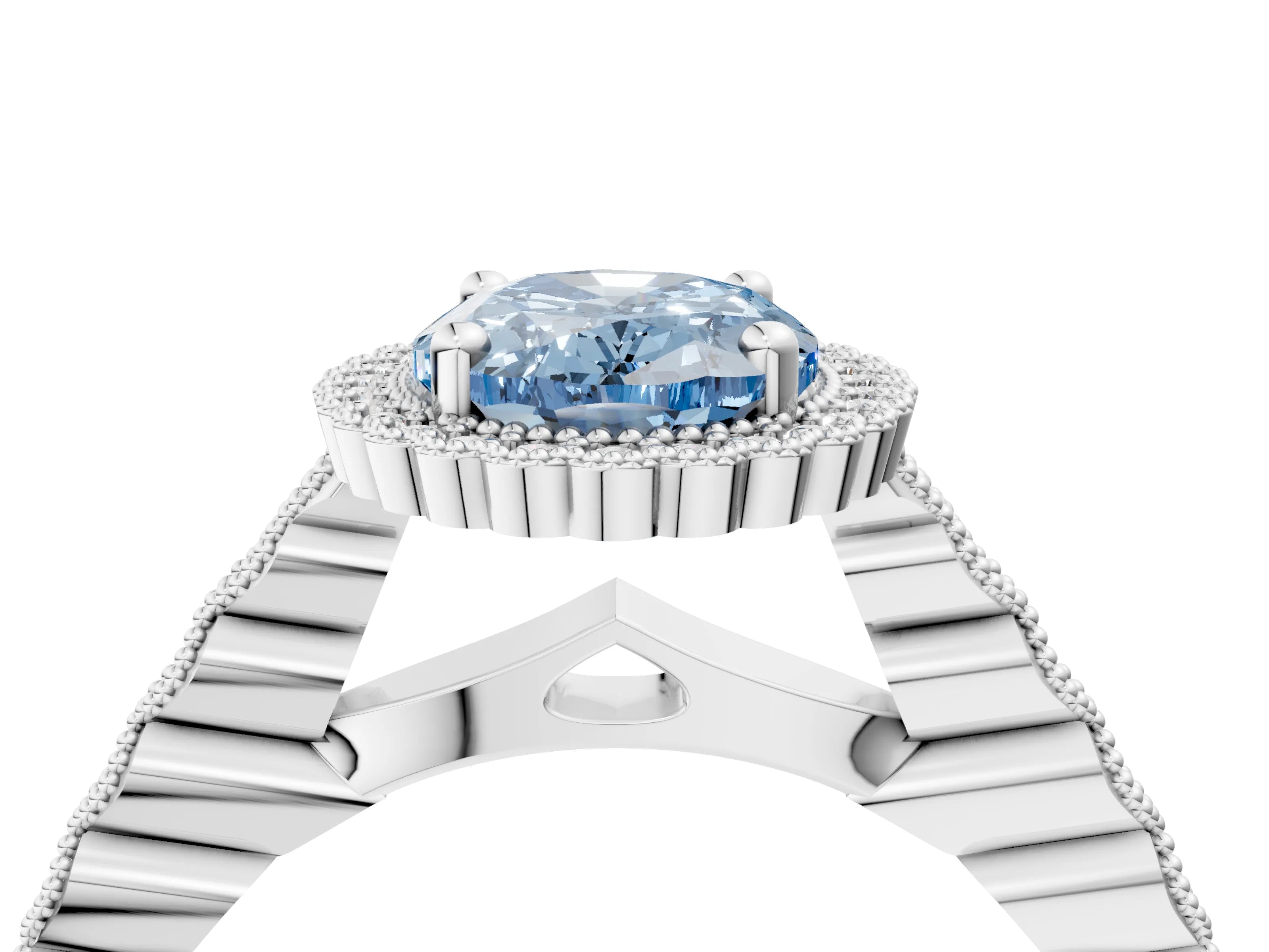 White gold Fancy Blue Oval Cut Cut Halo Pavé Solitaire Ring with Milgrain Band_16