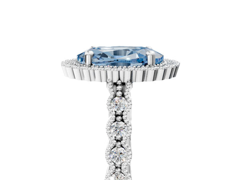 White gold Fancy Blue Oval Cut Cut Halo Pavé Solitaire Ring with Milgrain Band_17