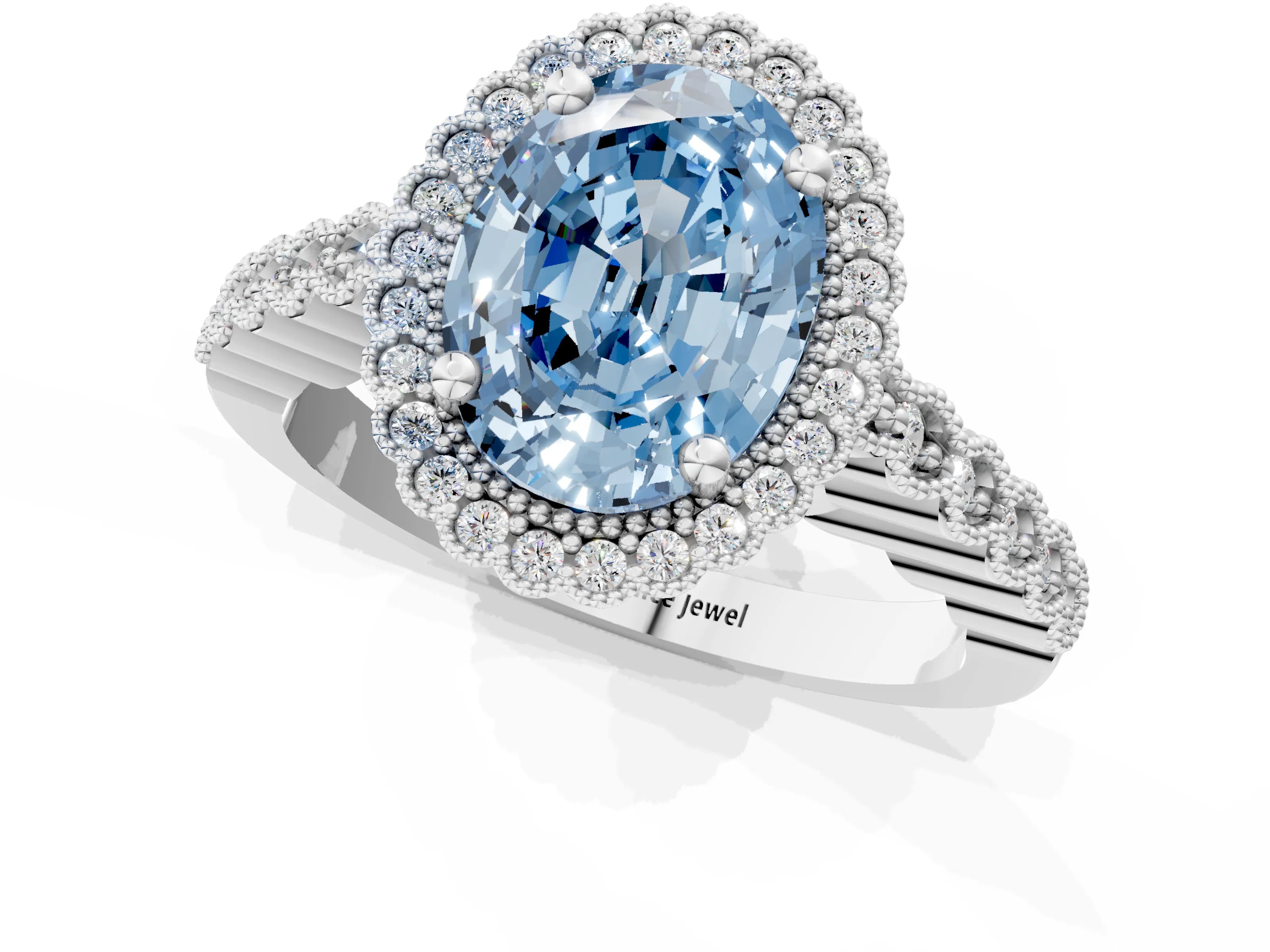 White gold Fancy Blue Oval Cut Cut Halo Pavé Solitaire Ring with Milgrain Band_1