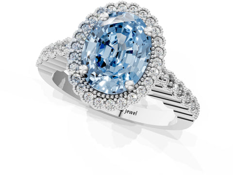 White gold Fancy Blue Oval Cut Cut Halo Pavé Solitaire Ring with Milgrain Band_1