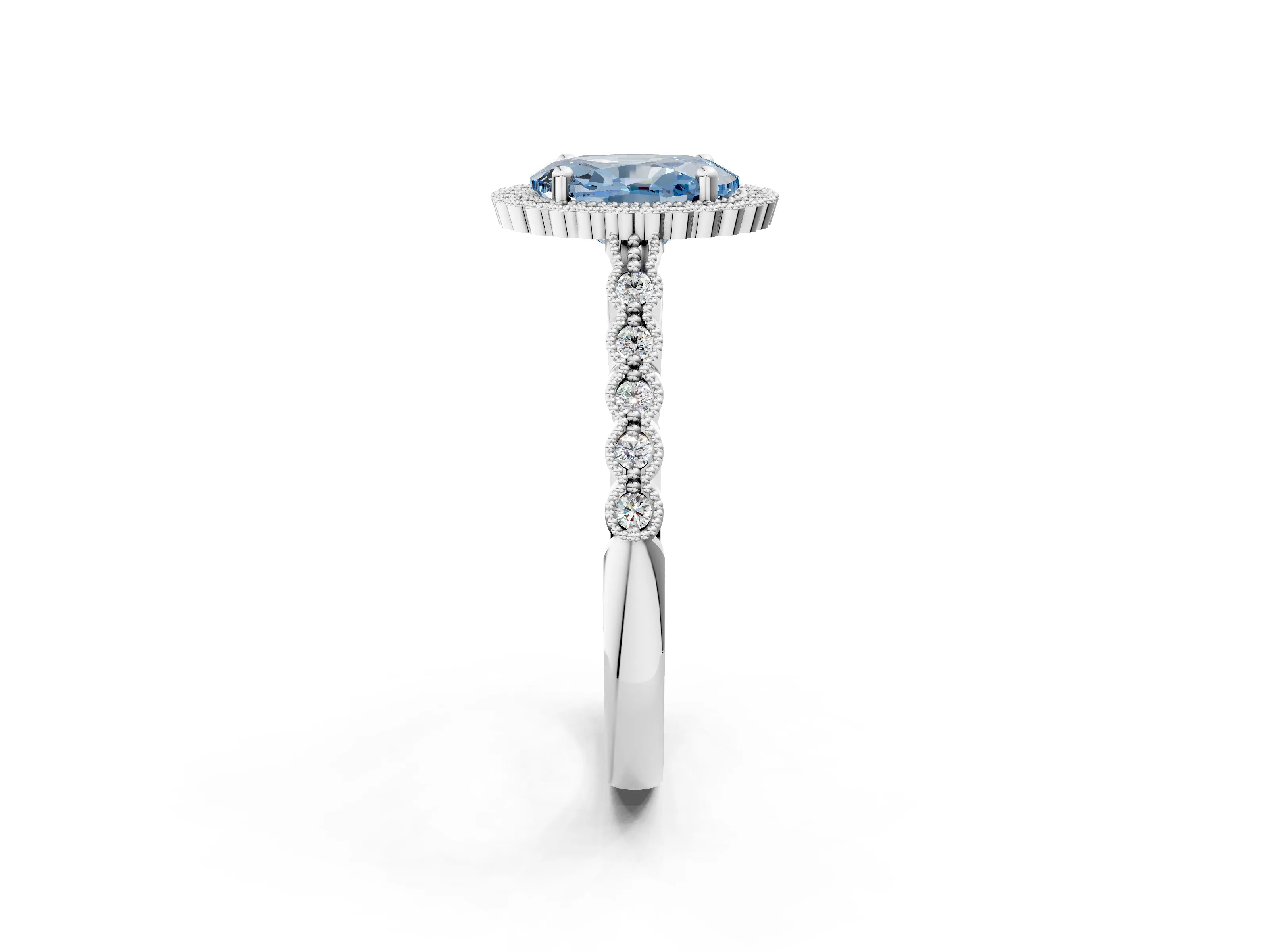 White gold Fancy Blue Oval Cut Cut Halo Pavé Solitaire Ring with Milgrain Band_2