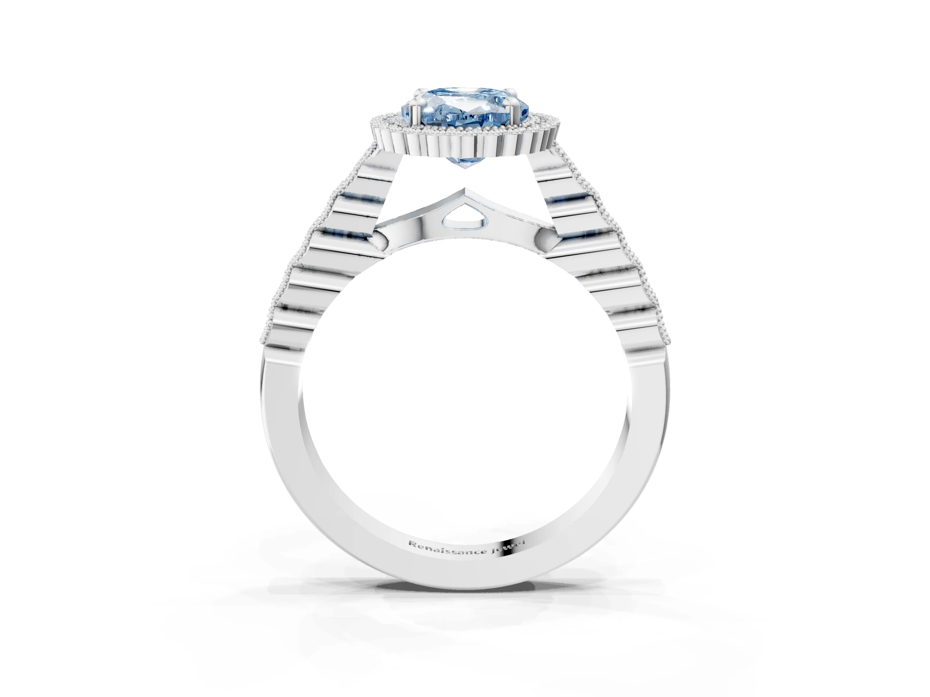 White gold Fancy Blue Oval Cut Cut Halo Pavé Solitaire Ring with Milgrain Band_3