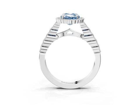 White gold Fancy Blue Oval Cut Cut Halo Pavé Solitaire Ring with Milgrain Band_3