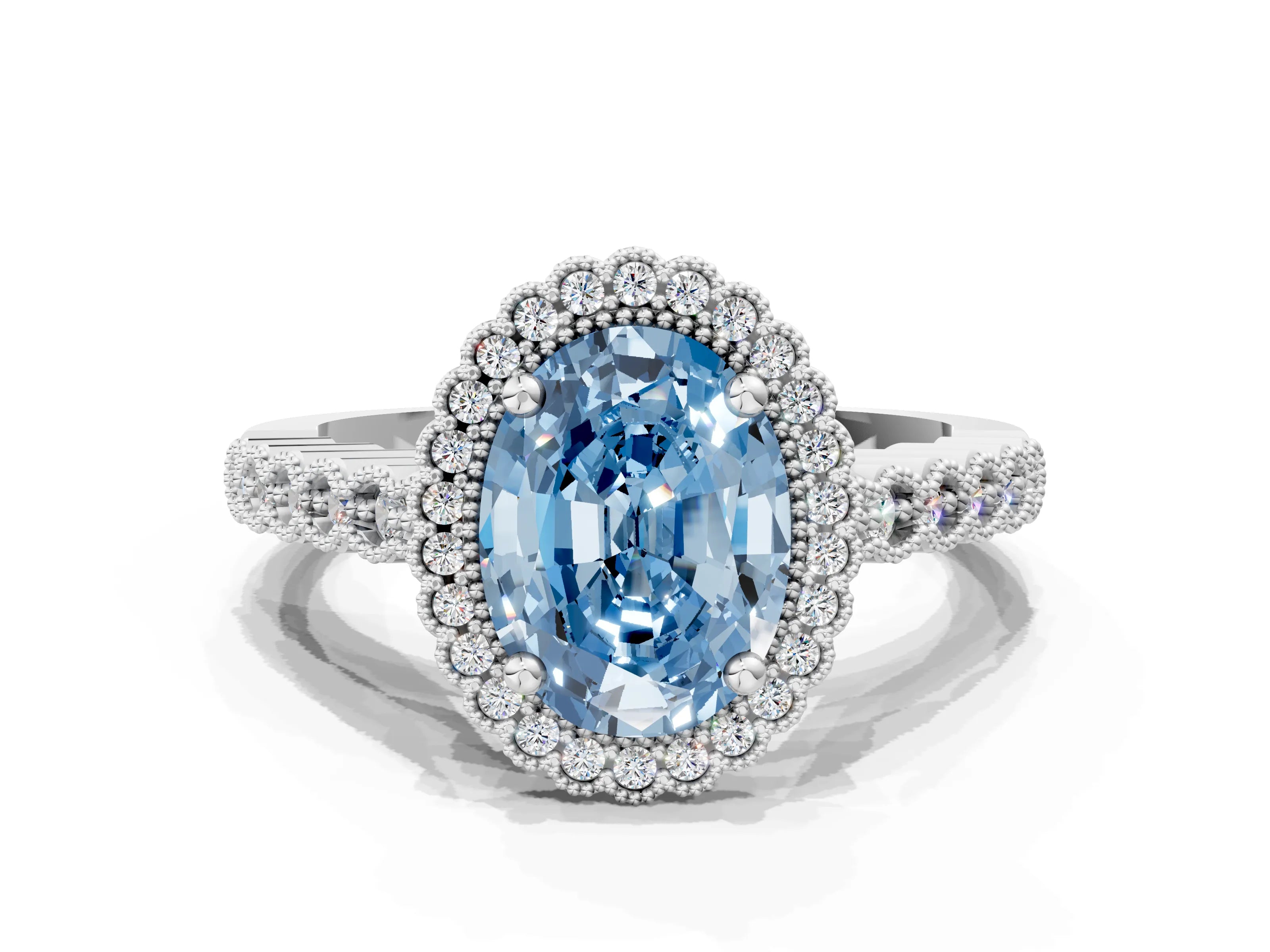 White gold Fancy Blue Oval Cut Cut Halo Pavé Solitaire Ring with Milgrain Band