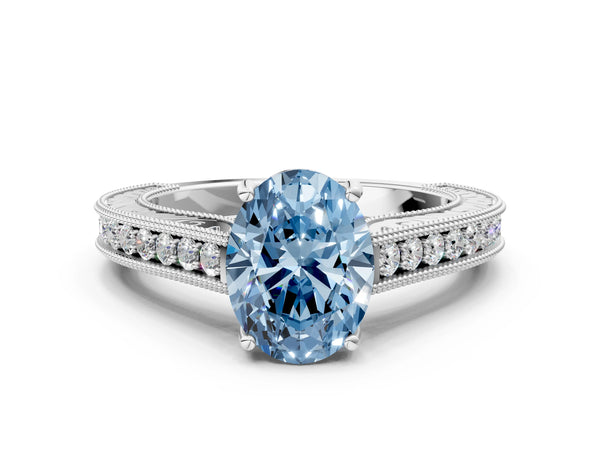 Platinum Fancy Blue Oval Cut Cut Pave Band Milgrain Solitaire Ring